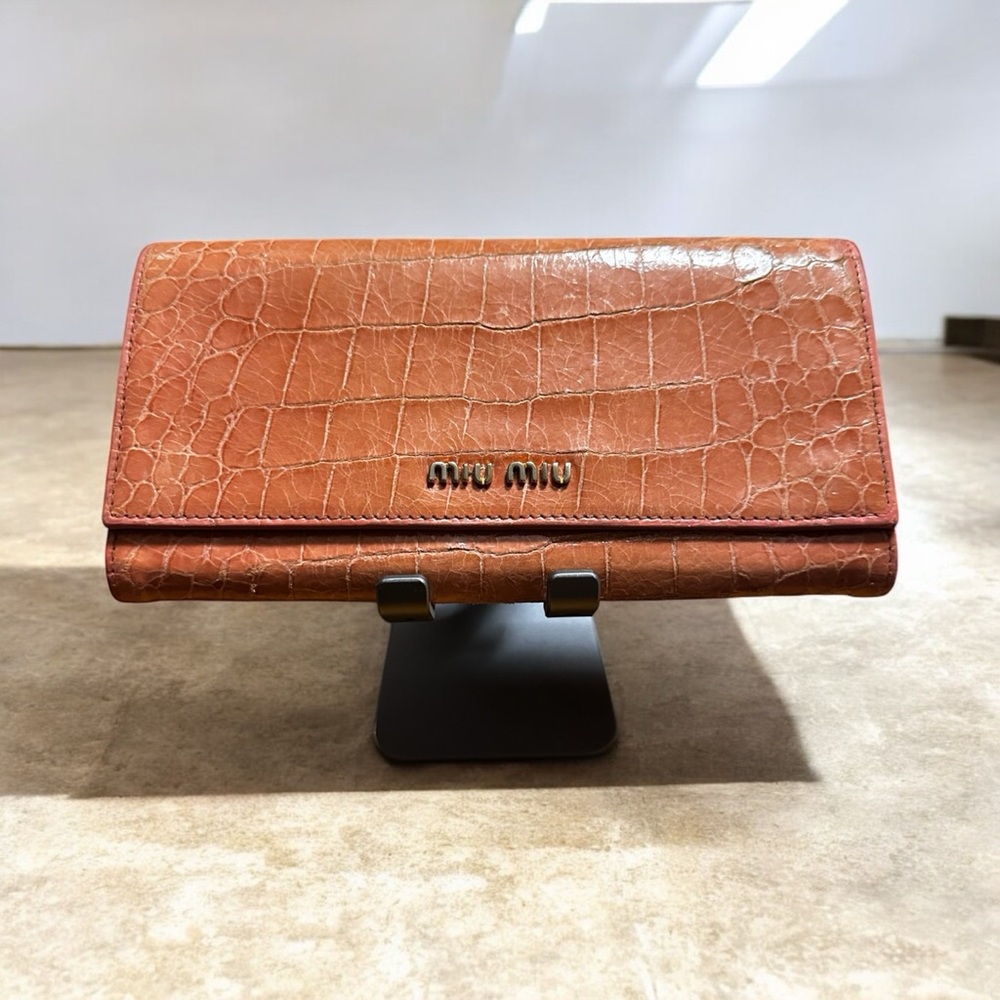 Miu Miu Pink Croc-Embossed Leather Long Snap Wallet